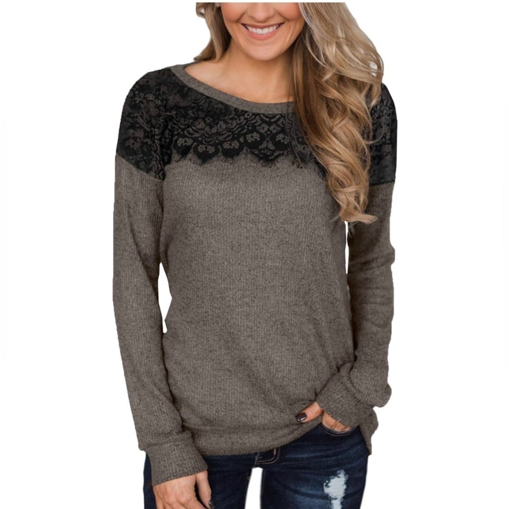 Women's Black Lace Top Long Sleeve Elegant Sweatshirt\Top\Blouse